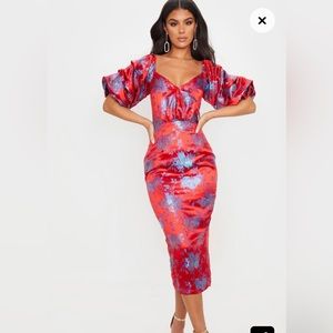 Red Floral Jacquard Lace Up Back Midi Dress